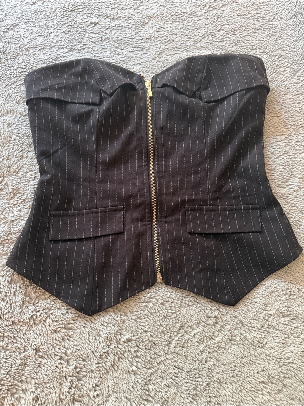 bebe Black Bustier Top with Gold Zipper Detail